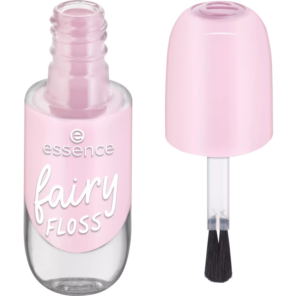 Flacon de vernis à ongles rose avec bouchon séparé. Inscription 'essence fairy FLOSS'. Pinceau visible.