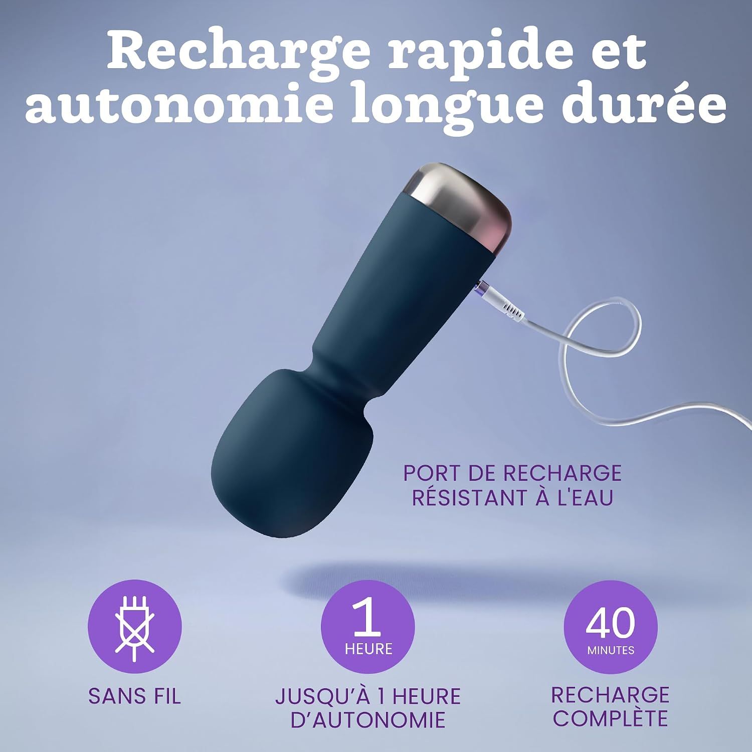 Vibrateur bleu foncé avec port de recharge et câble. Sans fil, autonomie 1 heure, charge 40 minutes.