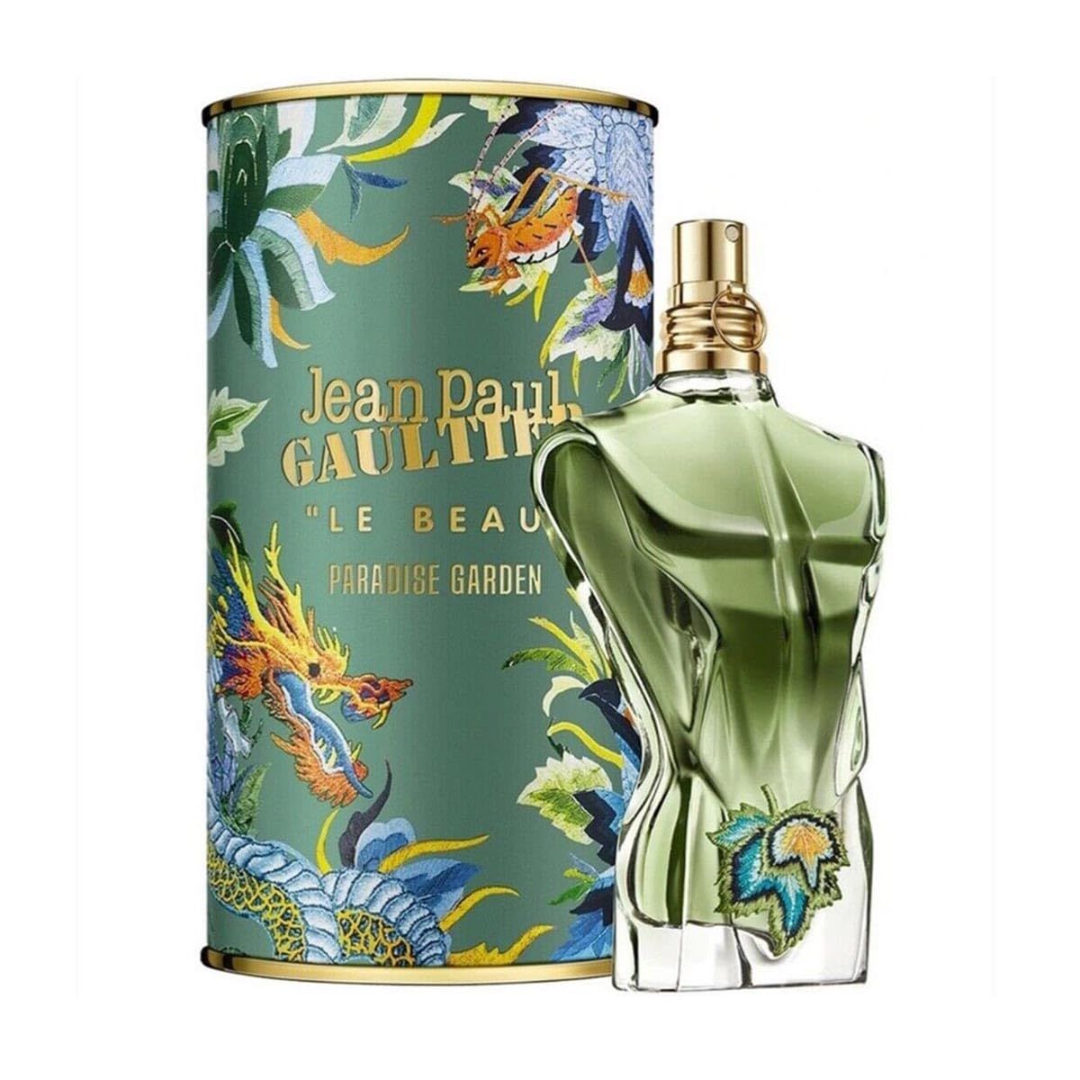 Flacon et boîte Jean Paul Gaultier Le Beau Paradise Garden Eau de Parfum avec motif dragon.