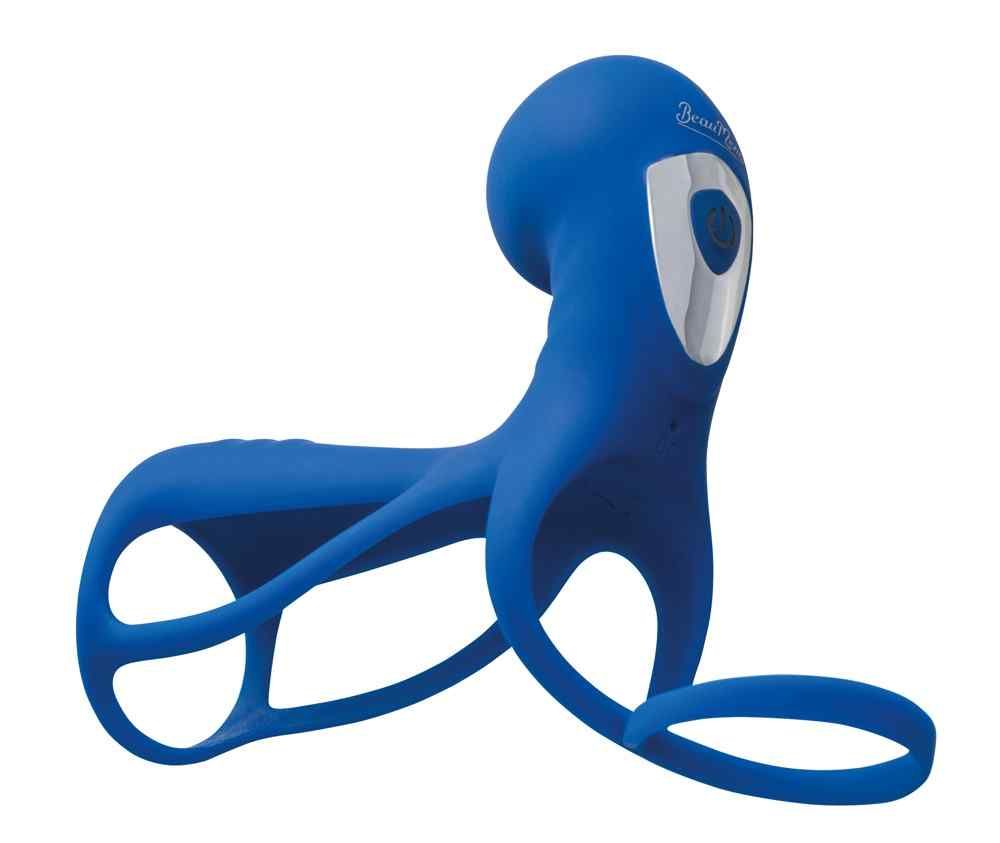 Produit de bien-être bleu, design incurvé. Élément argenté et logo. Ouverture en forme d'anneau.