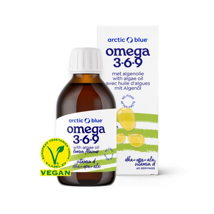 Flacon en verre brun avec bouchon blanc et étiquette. Boîte avec informations produit. Label Vegan.