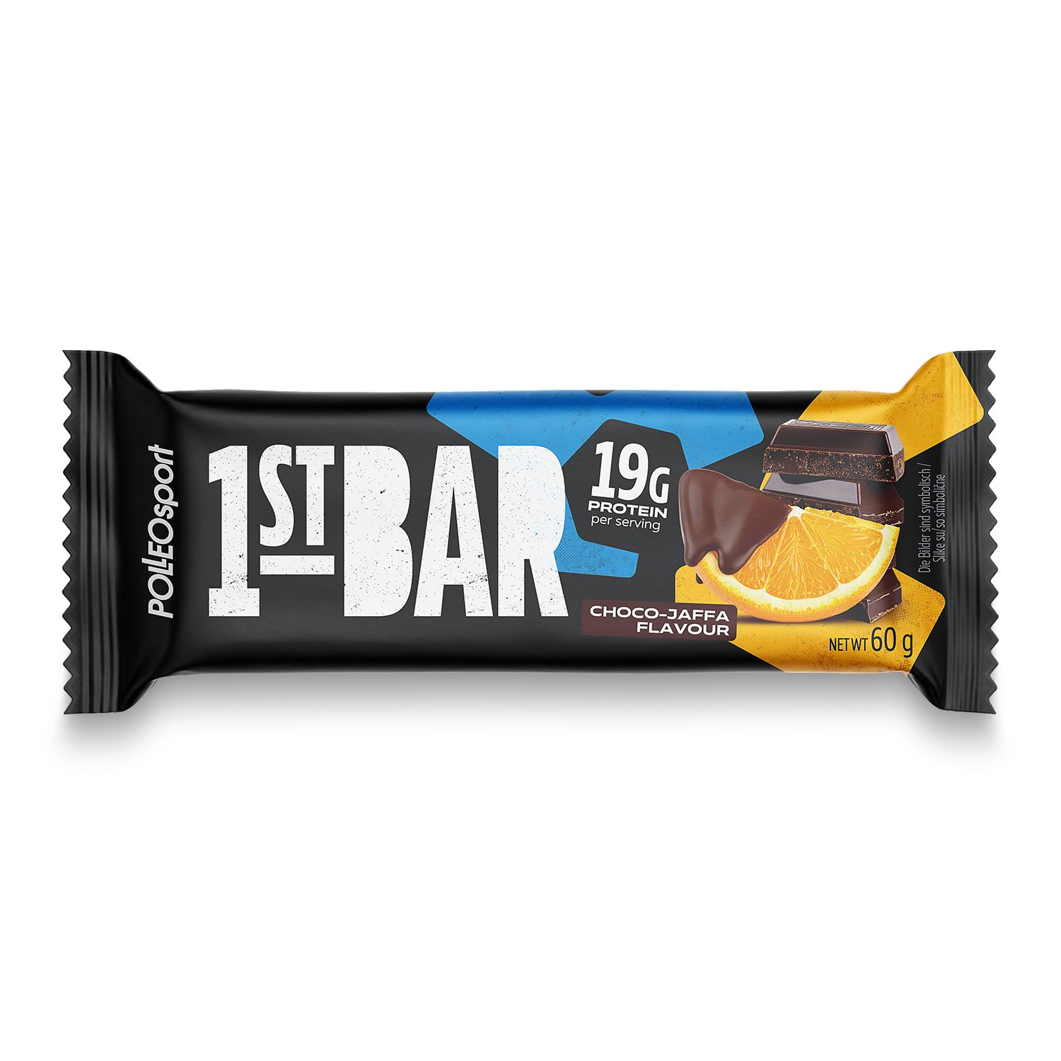 Emballage de barre protéinée noire avec accent bleu. Nom du produit, indication de protéines et illustration de Choco-Jaffa. Poids net 60g.