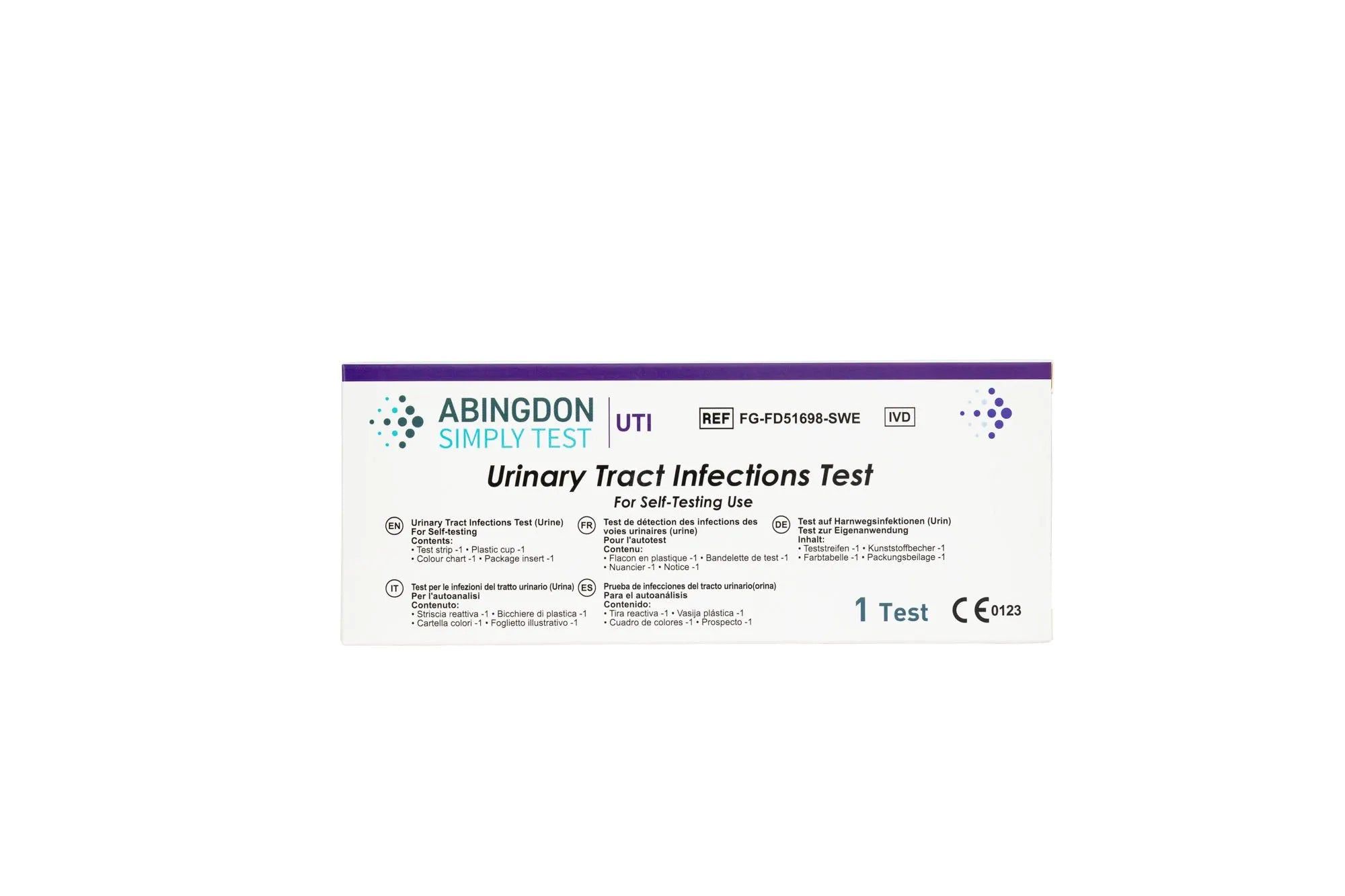 Close-up van de verpakking van de Abingdon Simply Test Urinary Tract Infections Test met CE-markering.