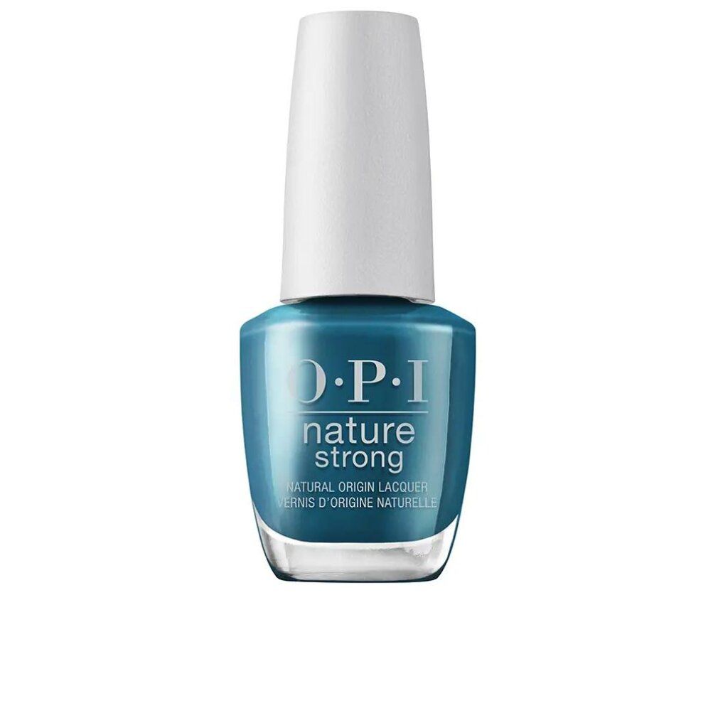Flacon de vernis à ongles bleu-vert avec bouchon blanc. Logo et texte OPI Nature Strong.