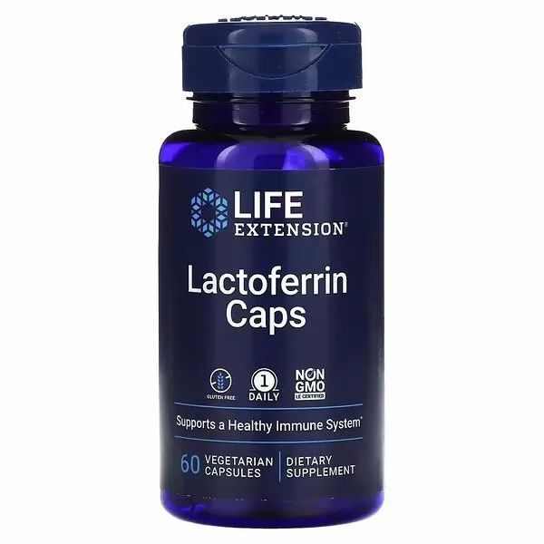 Blauwe fles "Life Extension Lactoferrin Caps". Bevat 60 vegetarische capsules. Glutenvrij, dagelijks, niet-GMO. Voedingssupplement.