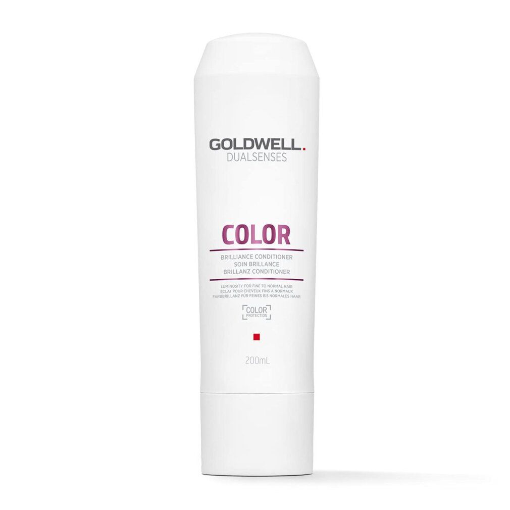 Conditionneur Goldwell Dual Senses Color. Tube blanche avec texte violet. Contient 200ml. Nom du produit et marque visibles.