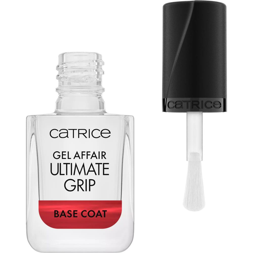 Catrice Gel Affair Ultimate Grip Base Coat. Transparante fles, zwarte dop en borstel. Rode strook met tekst.