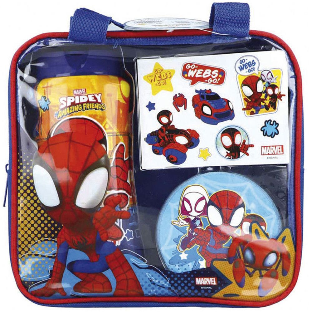 Spiderman-set in tas. Inclusief douchegel, stickers, spons en ronde doos. Spiderman-ontwerp, blauwe en rode kleuren.