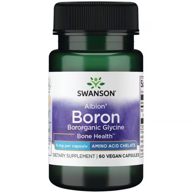Groene fles met zwarte dop. Opschrift: SWANSON Albion Boron, 6 mg per capsule, 60 vegan capsules.