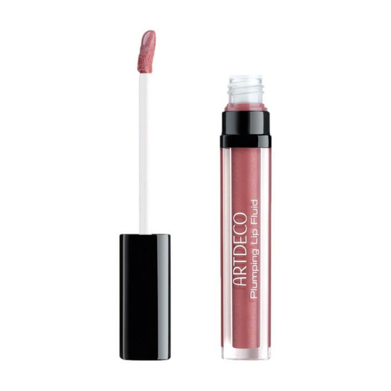 Artdeco Plumping Lip Fluid, open fles met applicator. Zwarte dop, transparante fles, productnaam en merk.
