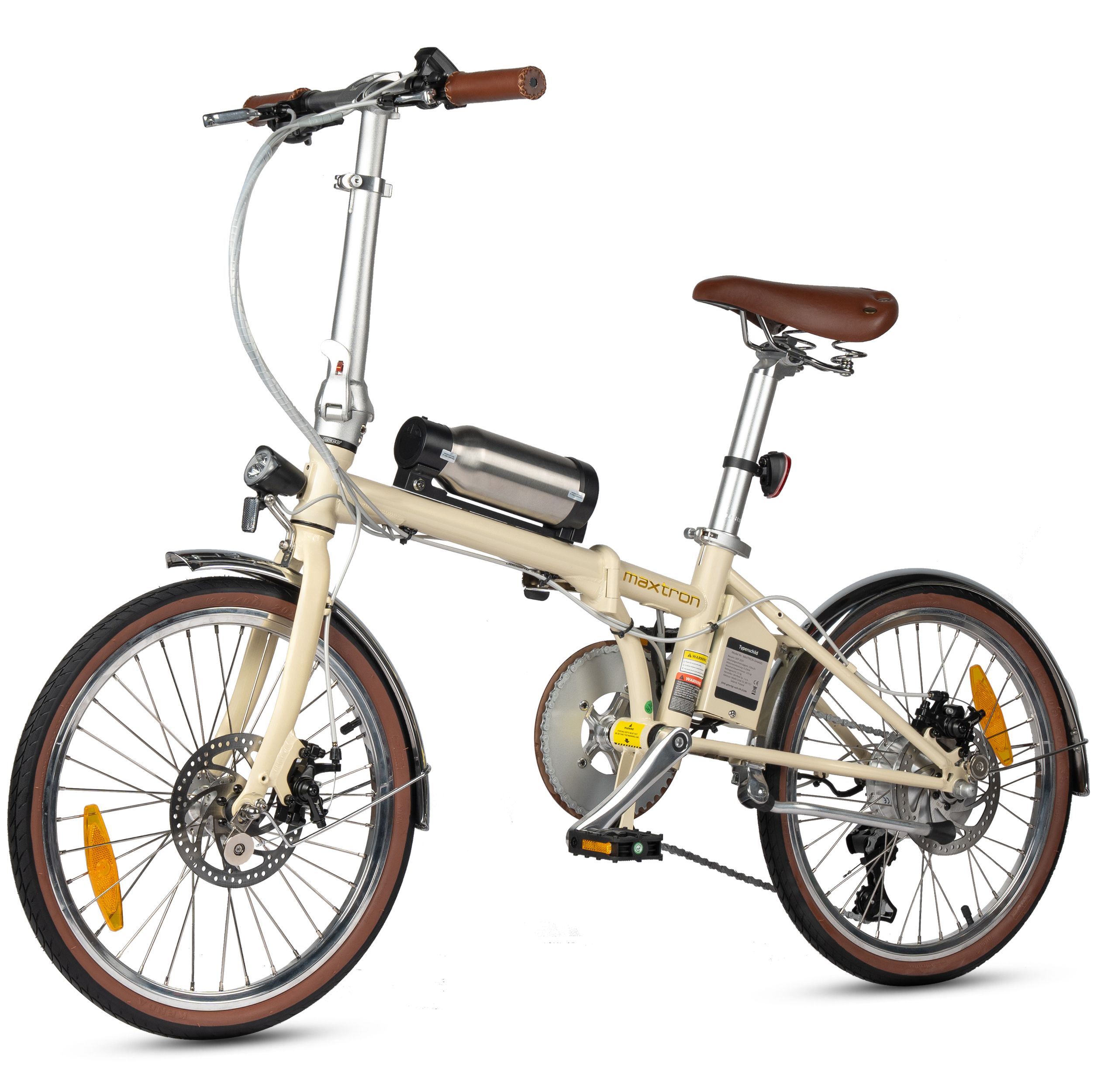 Beige elektrische fiets met bruine banden en zadel. Zichtbaar: motor, accu, spatborden, remmen. Opschrift: Maxtron.