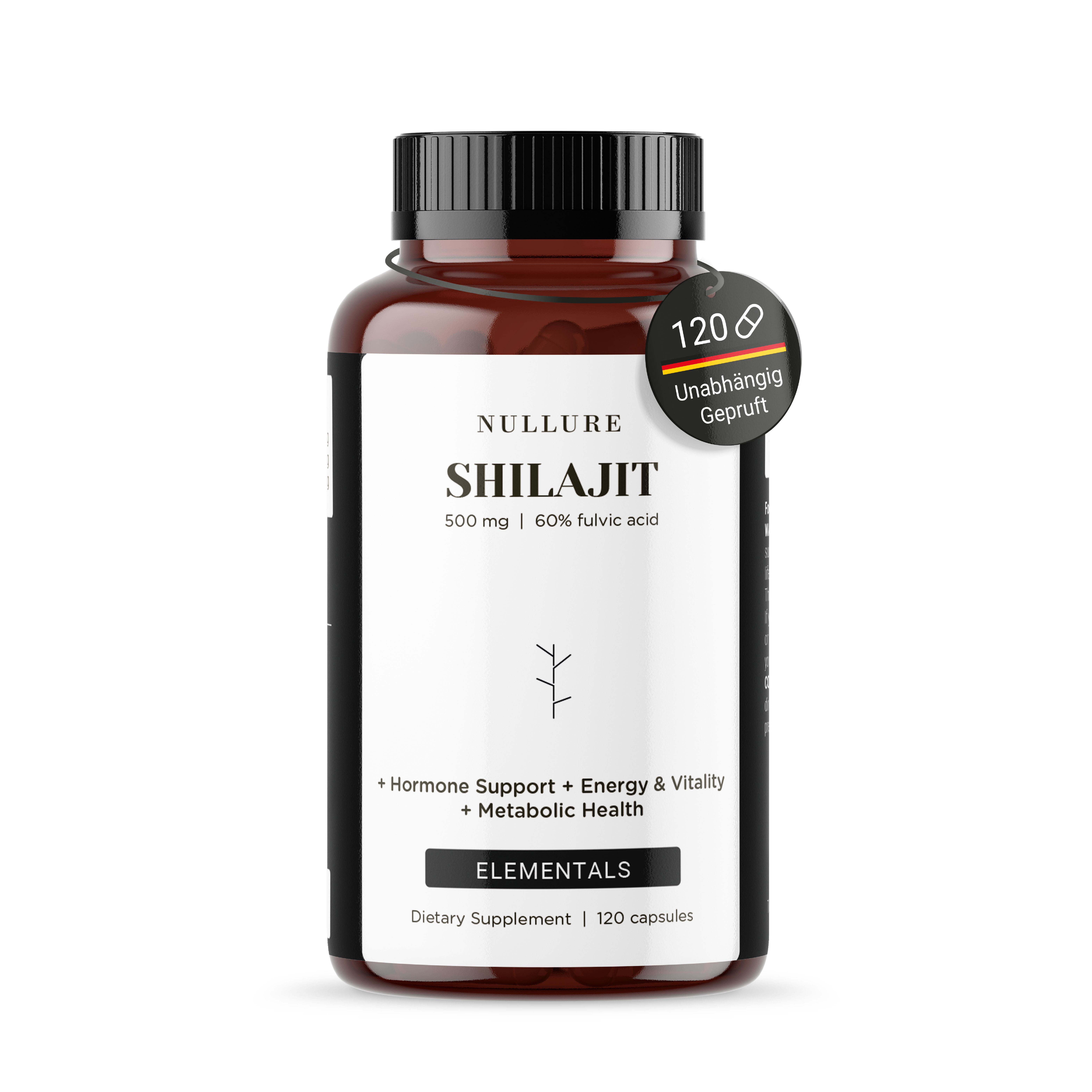 Flacon marron avec gélules. Inscription : NULLURE SHILAJIT 500mg. 60% acide fulvique. 120 gélules. Sceau : Vérifié indépendamment.