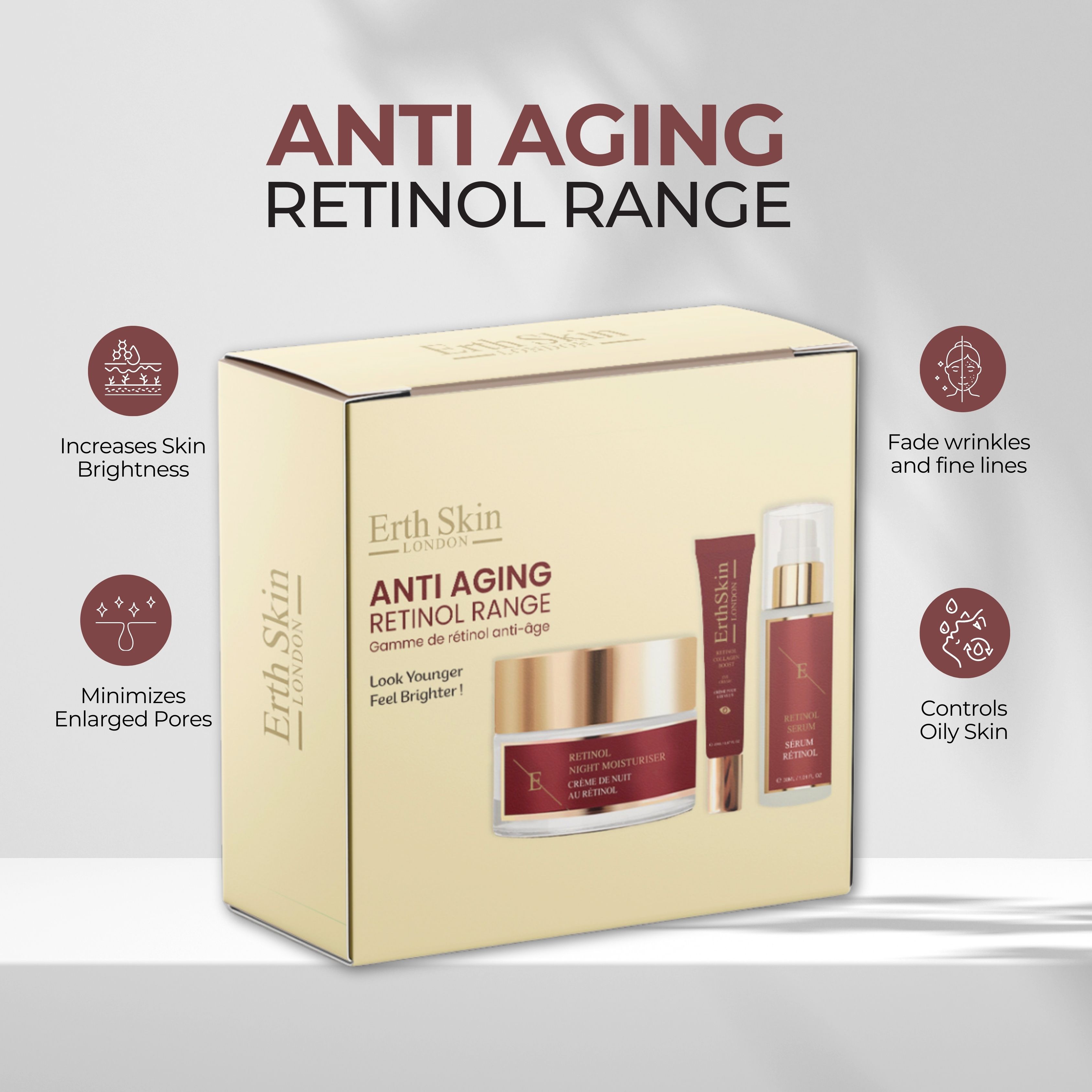 Coffret de soins de la peau. Contient crème, sérum et crème pour les yeux. Texte : Anti-Aging Retinol Range. Icônes montrent les bénéfices.