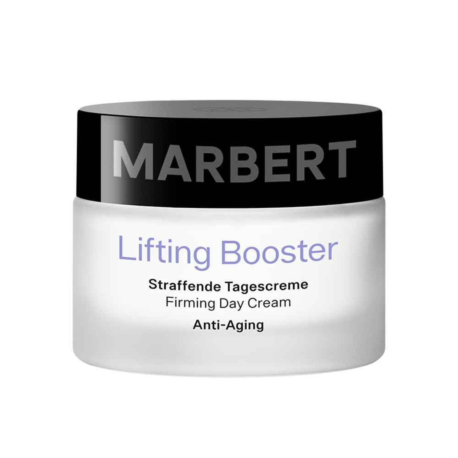Crèmepot met zwarte deksel. Opschrift MARBERT, Lifting Booster, Straffende Tagescreme, Firming Day Cream, Anti-Aging.
