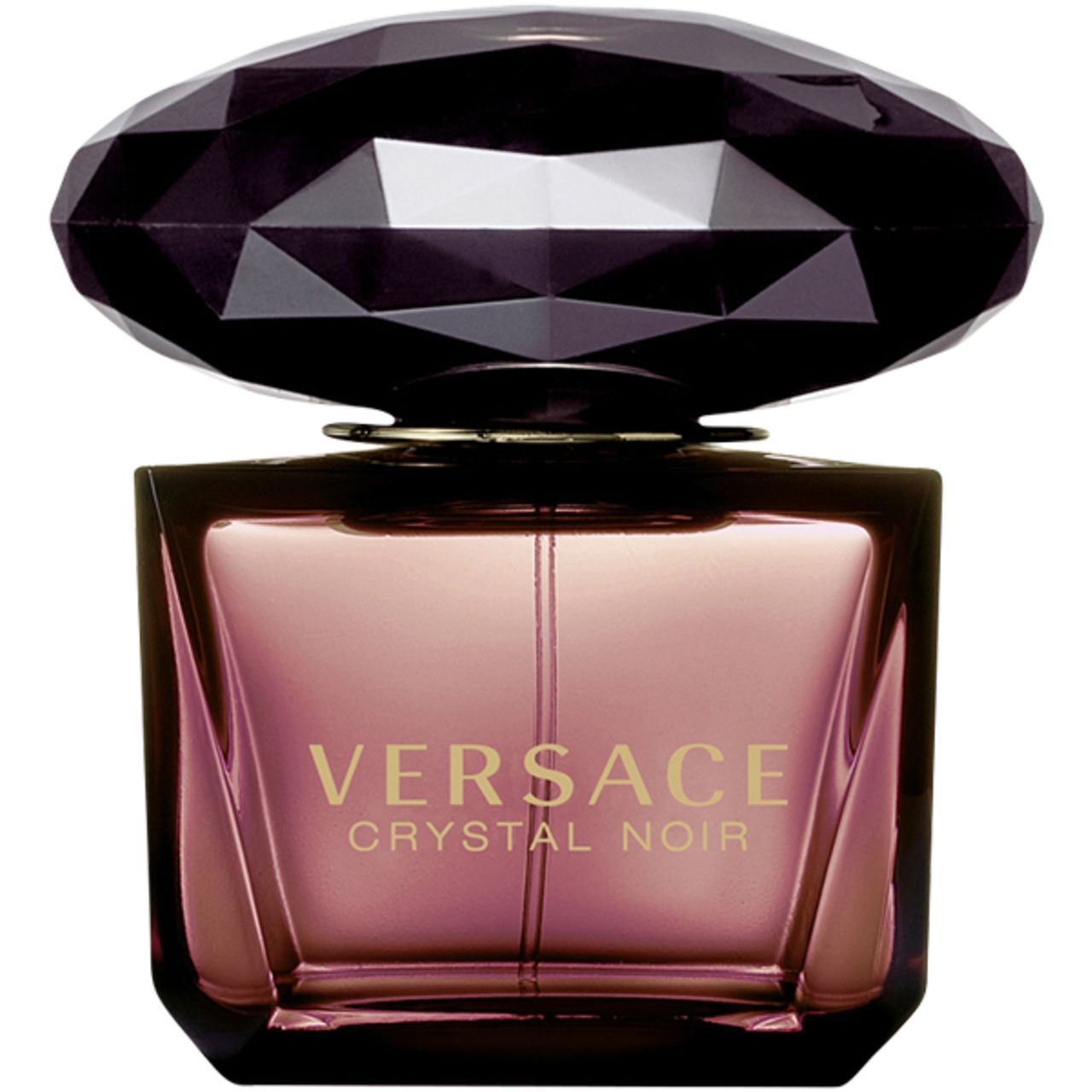 Flacon de parfum noir avec bouchon facetté. Inscription VERSACE CRYSTAL NOIR. Flacon carré, liquide rose.