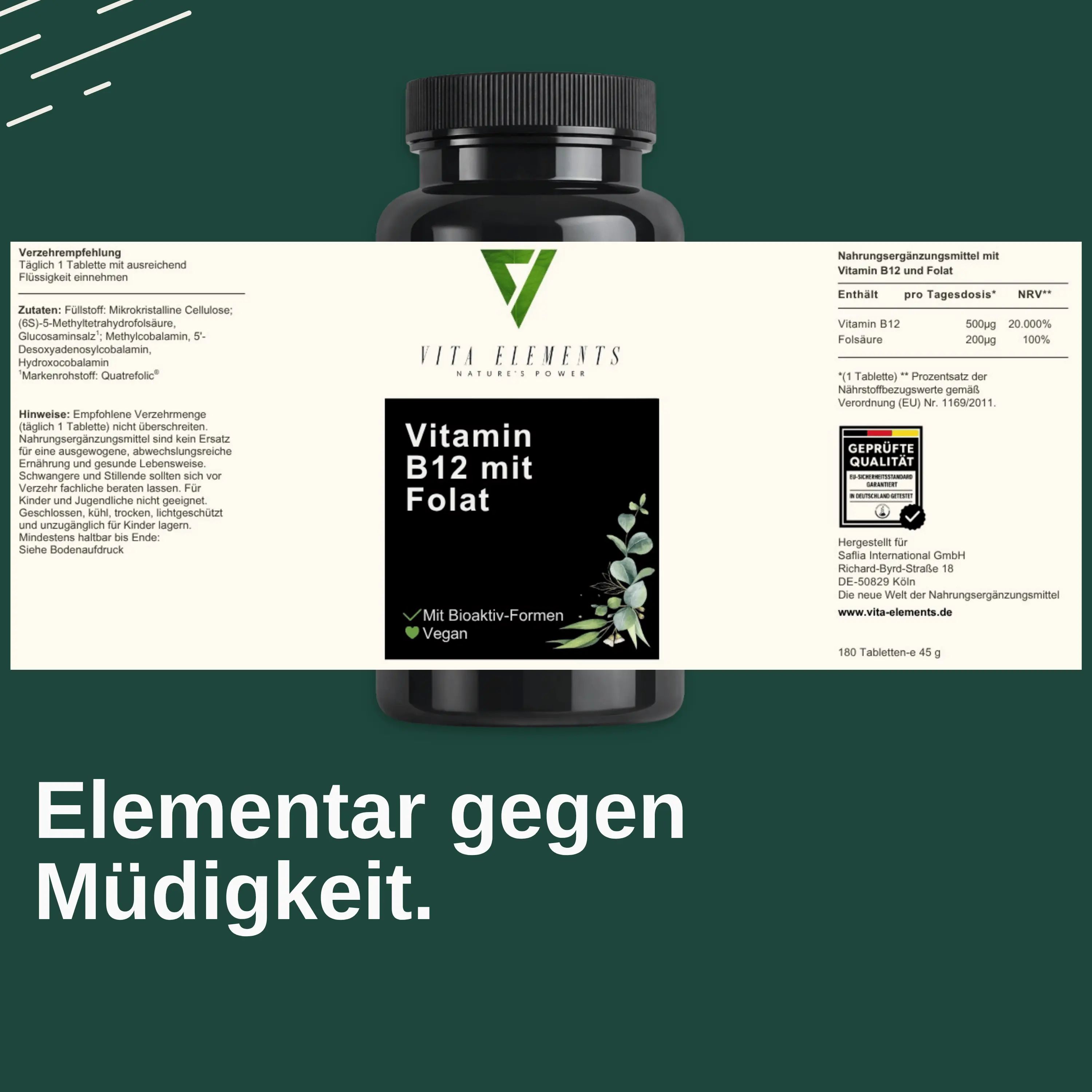 Etiket op een container Vita Elements Vitamine B12 met Folate, met 'Geprüfte Qualität' zegel.