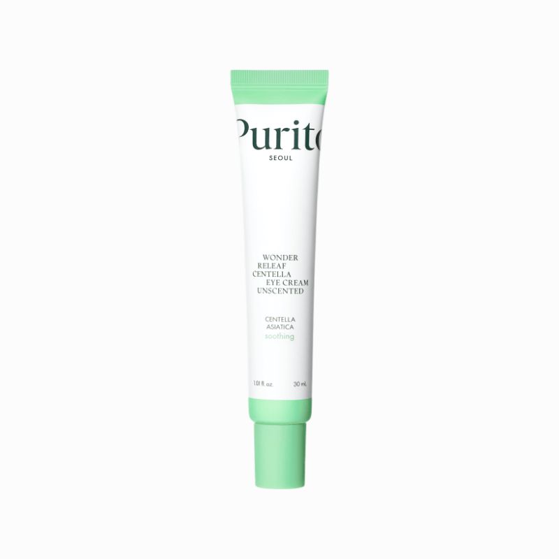 Tube blanc avec bouchon vert. Texte : PURITO SEOUL, Wonder Releaf Centella Eye Cream Unscented, Centella Asiatica soothing. 30 ml.