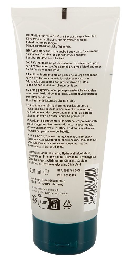Achterkant van een tube glijmiddel. Tekst in meerdere talen. Ingrediënten en fabrikantgegevens. Blauwe dop.