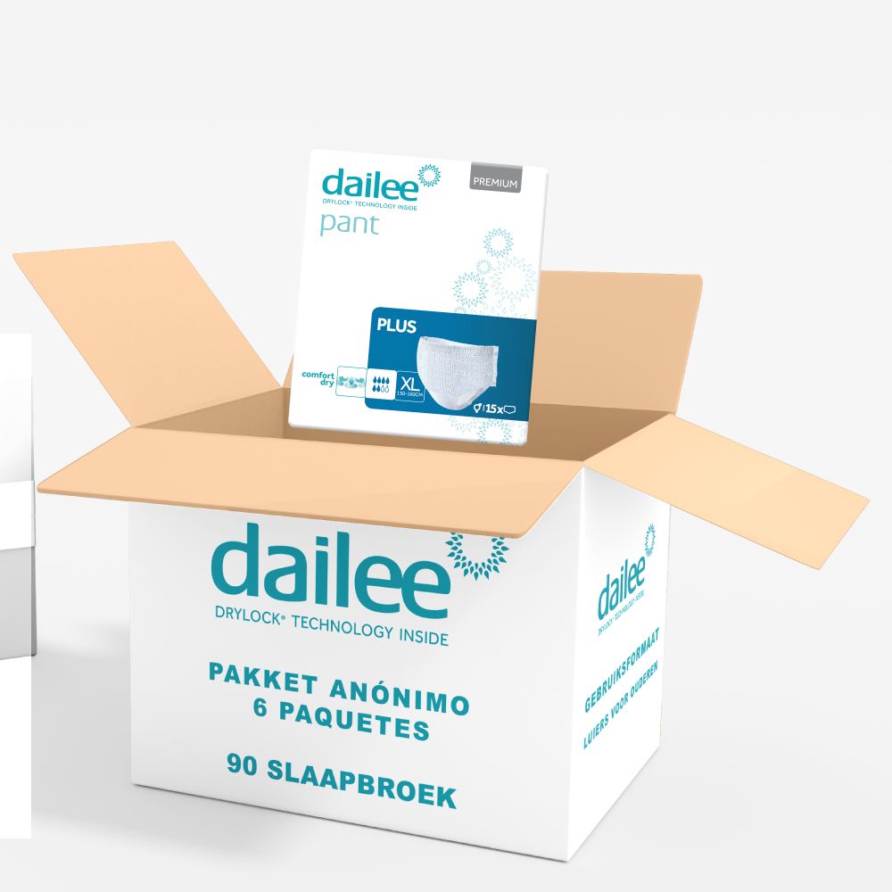 Open doos met Dailee Pants Plus verpakking. 6 pakken, 90 slips.