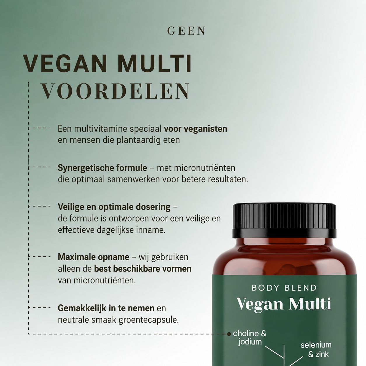 Bruine glazen fles met zwart deksel, gelabeld 'BODY BLEND Vegan Multi'.