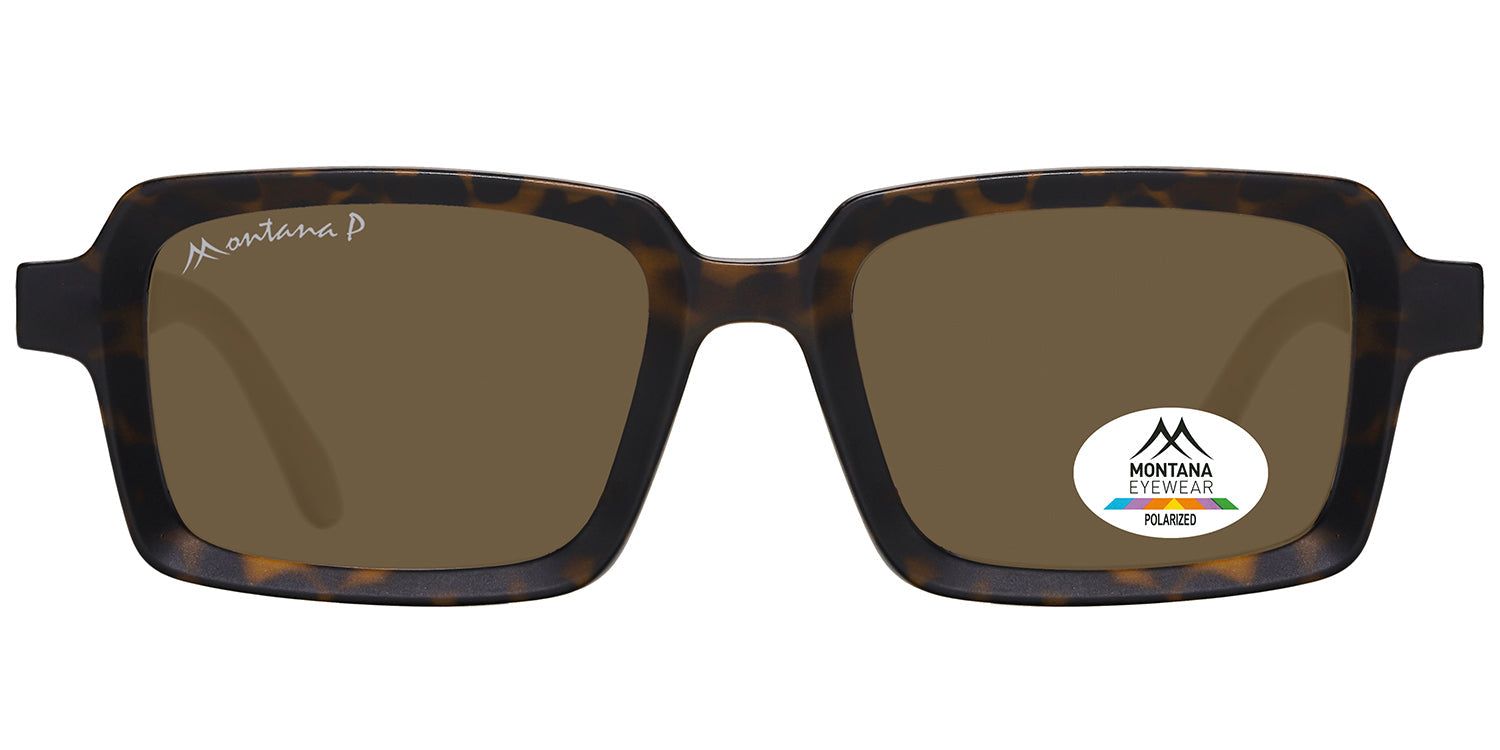 Lunettes de soleil rectangulaires avec verres bruns et monture marron. Un autocollant avec logo et texte 'Polarized' est visible sur un verre.