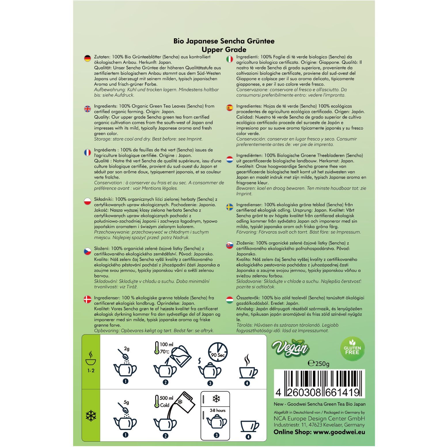 Dos de l'emballage Goodwei Bio Japanese Sencha Grüntee. Contient des informations multilingues et des instructions de préparation.