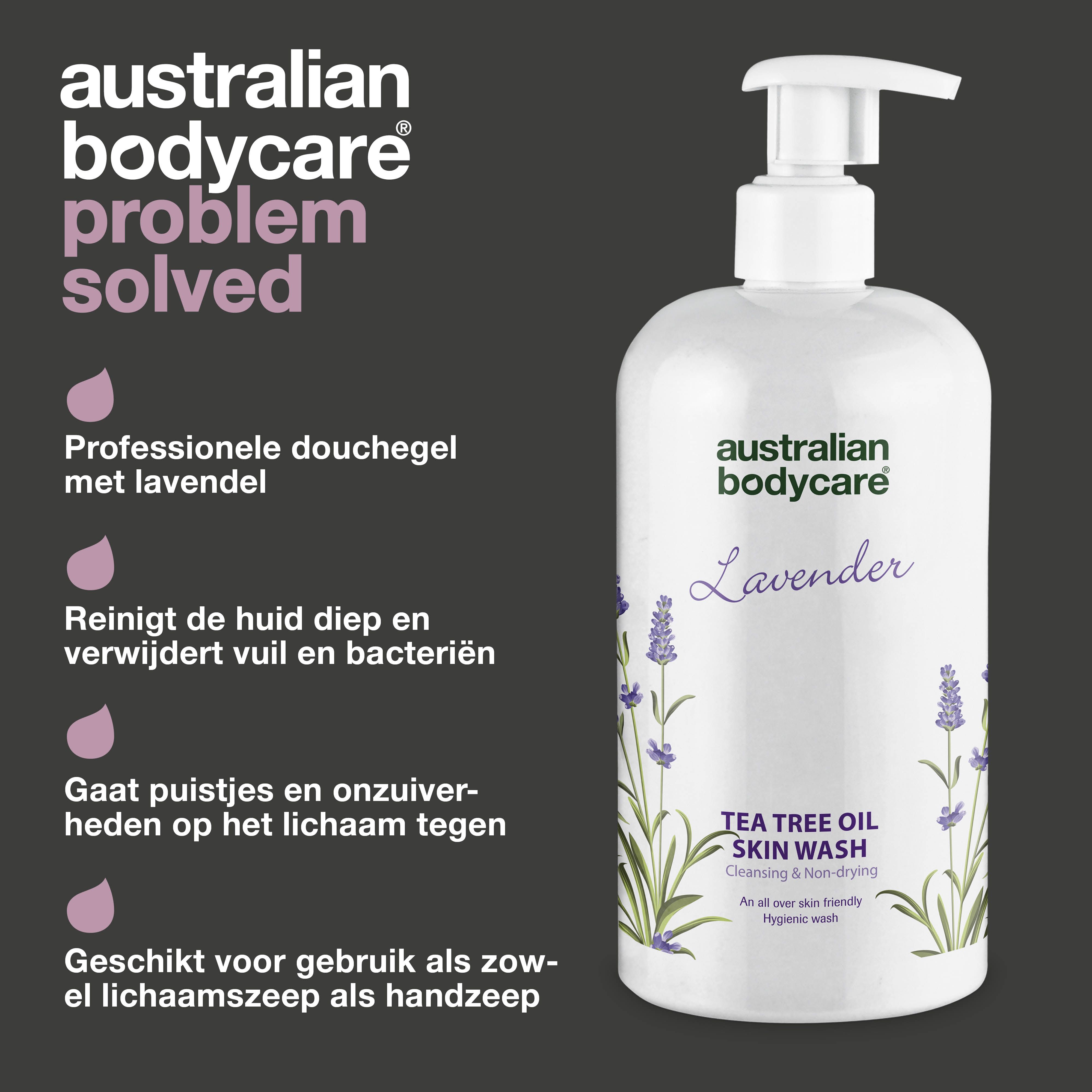 Productafbeelding: fles met pomp. Tekst: Australian Bodycare, Professionele douchegel met lavendel.