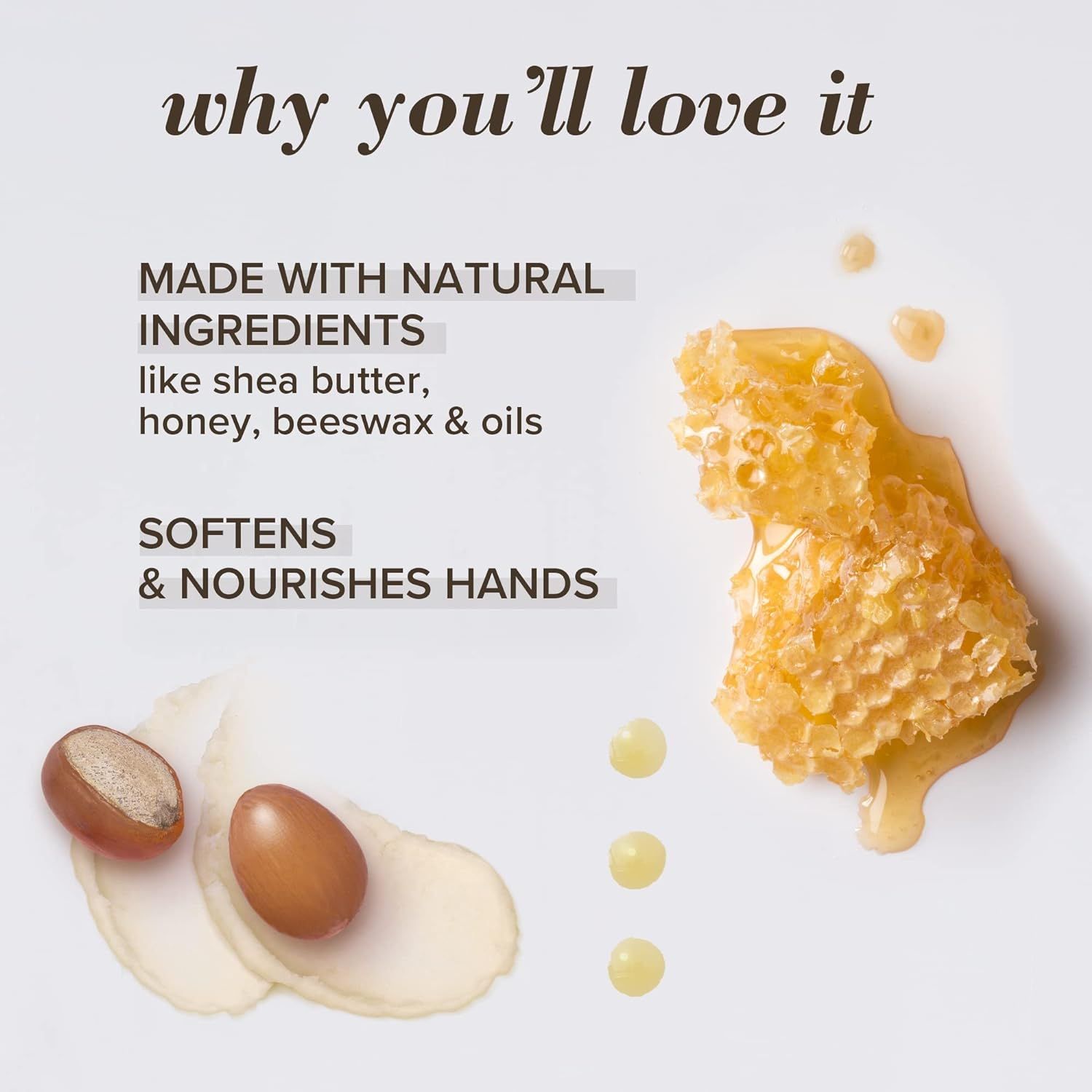 Honingraat, druppels en ingrediënten zoals sheaboter. Tekst: « Made with natural ingredients ». 