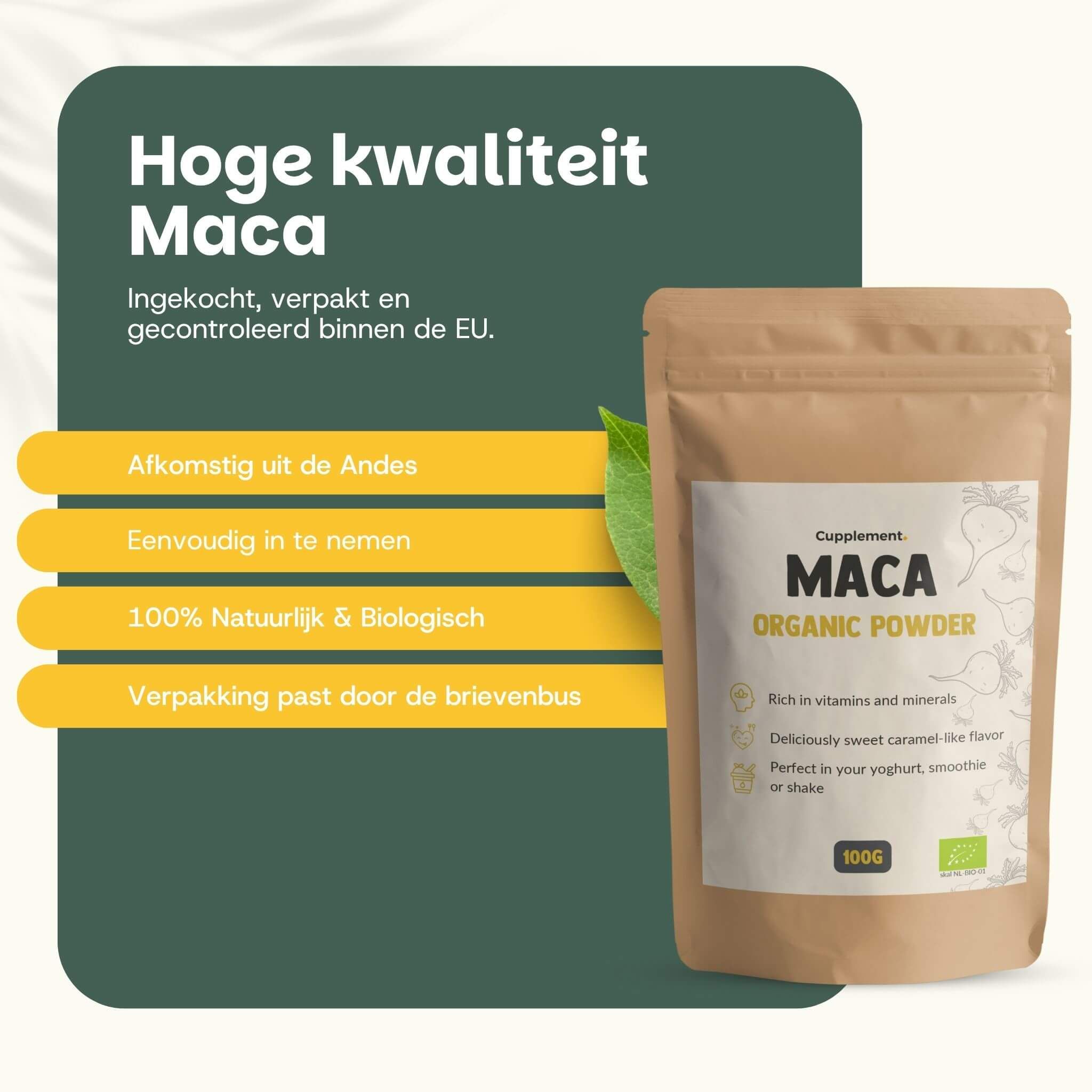 Zakje Maca poeder. Tekst: Hoge kwaliteit Maca. Uit de Andes. 100% natuurlijk en biologisch.