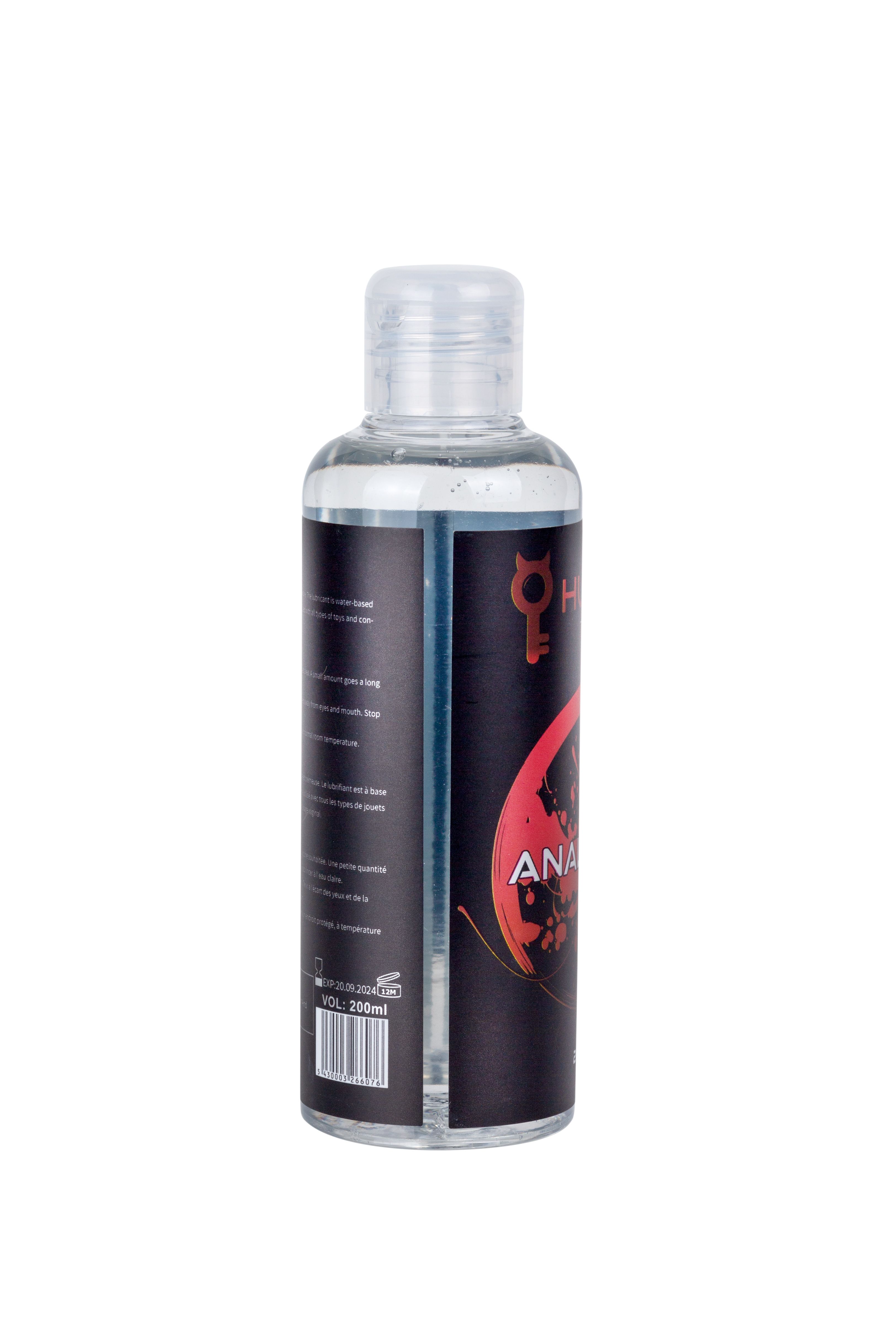 Fles met transparante vloeistof en zwart etiket. Rode cirkel met opschrift ANAL. Volume: 200ml.