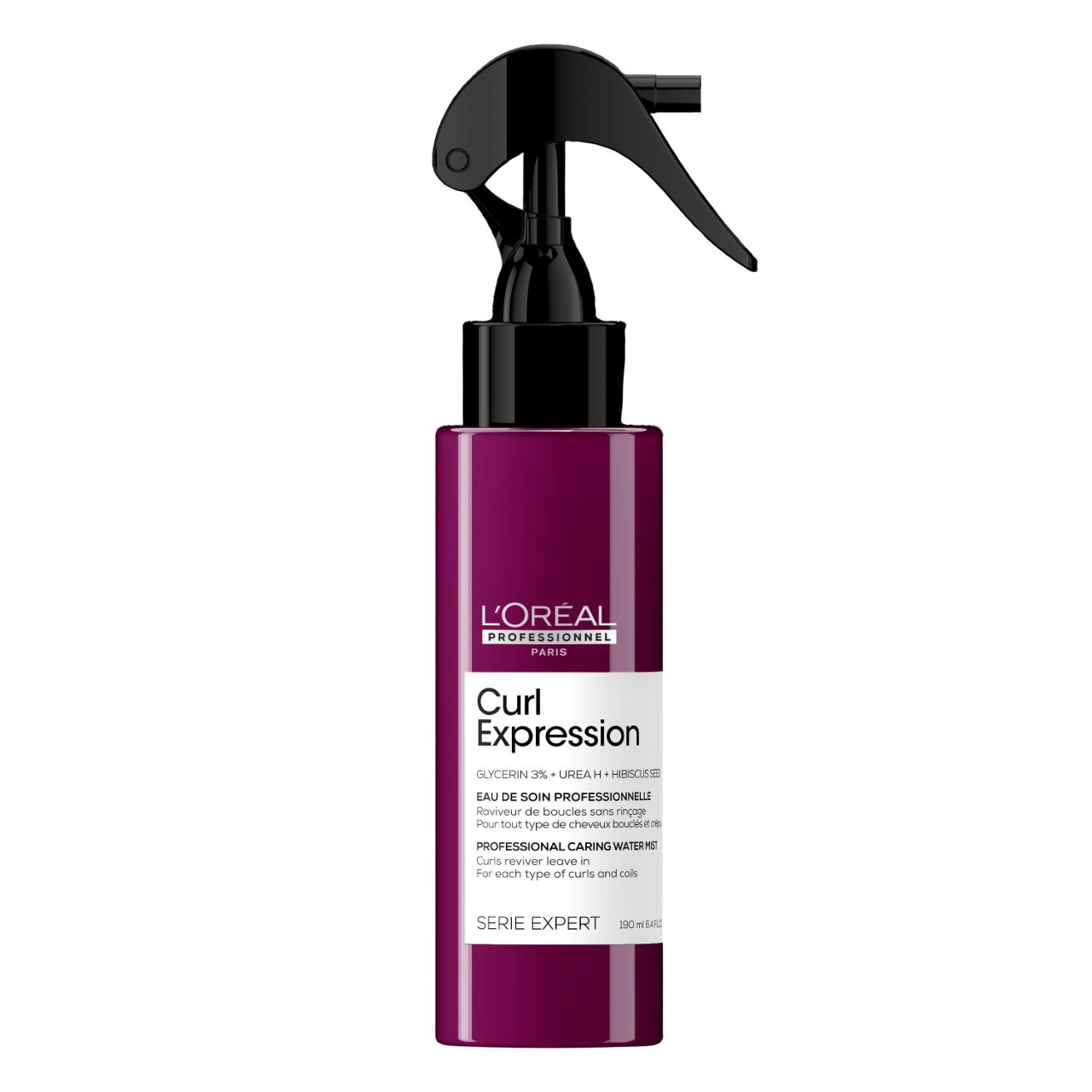 Fles L'Oréal Professionnel Curl Expression. Paarse fles met zwarte spraykop. Productnaam en tekst zichtbaar.