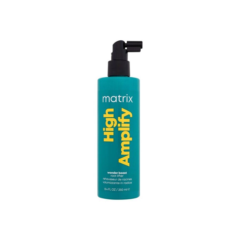 Turquoise fles met gele tekst: Matrix, High Amplify, Wonder Boost, Root Lifter. Zwarte pomp.