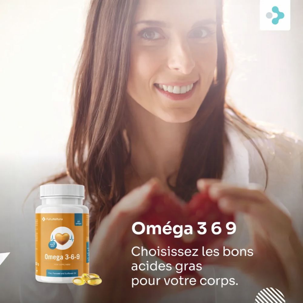 Femme tenant un cœur. Flacon Omega 3-6-9 à côté. Inscription : Oméga 3-6-9. Texte : Choisissez les bons acides gras pour votre corps.