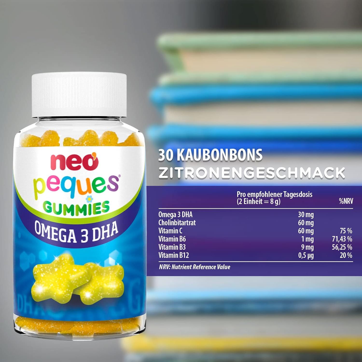 Fles Neo Peques Omega 3 DHA Gummies, 30 kauwsnoepjes, citroensmaak, voedingswaarde.