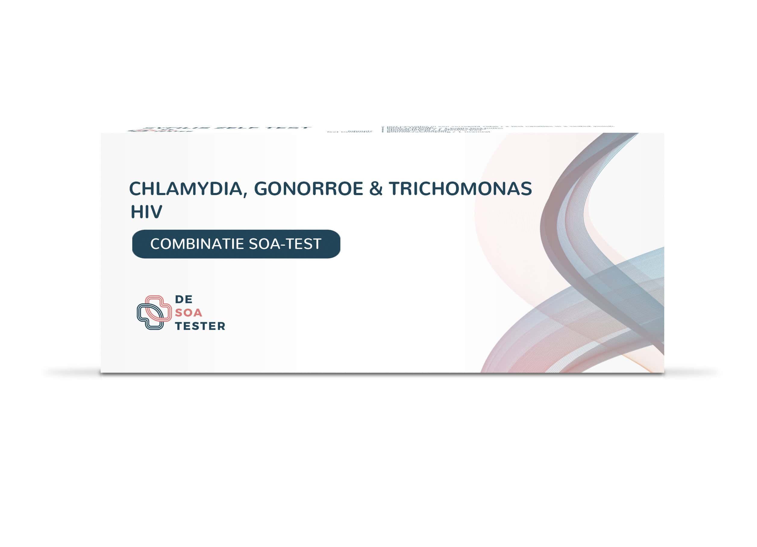 Kartonnen verpakking met tekst: Chlamydia, Gonorroe, Trichomonas & HIV-test. Combinatie SOA-test. Logo: De SOA Tester.