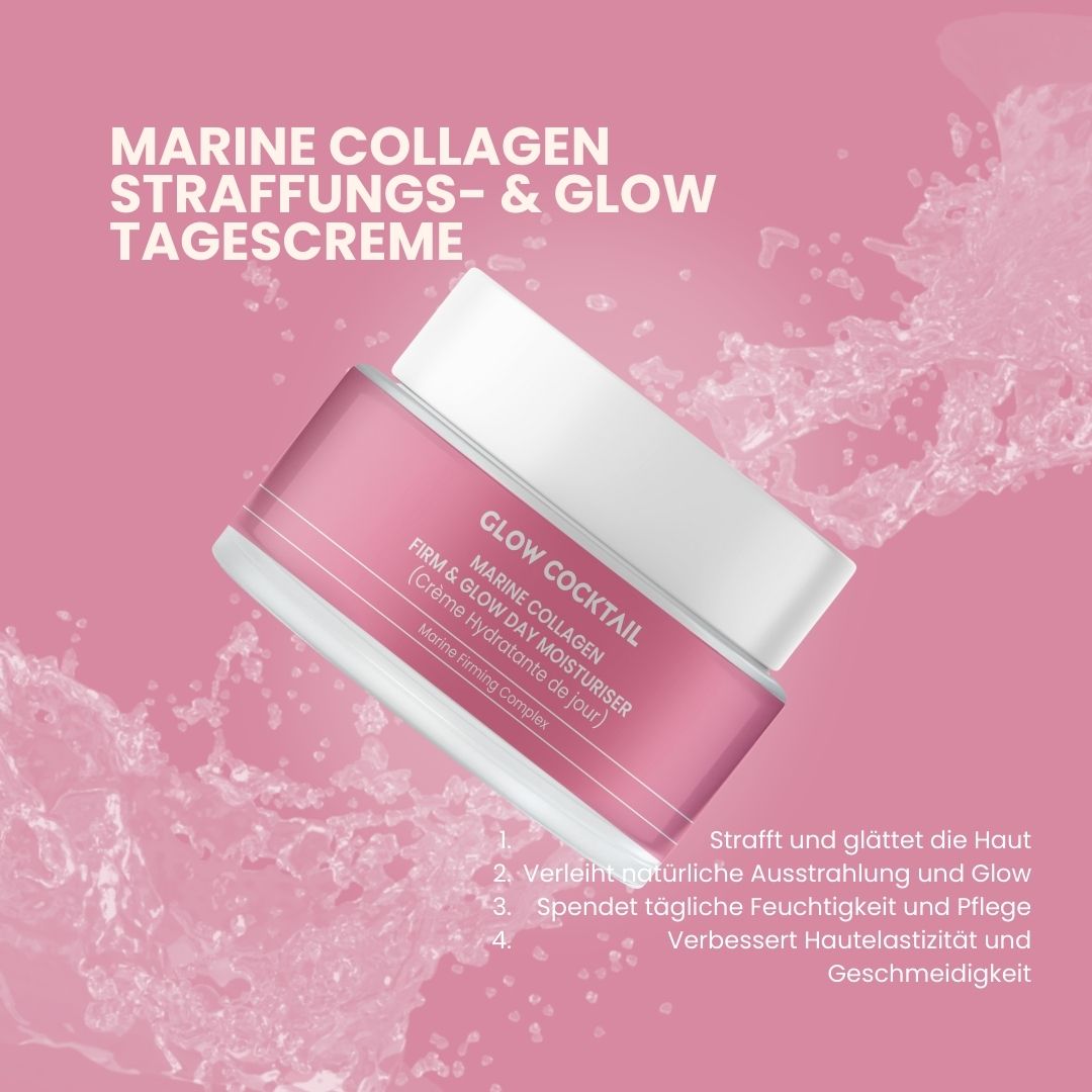 Pot de crème rose avec couvercle blanc. Inscription: Marine Collagen Firm & Glow Day Moisturiser. Marque: Glow Cocktail. Effet eau.