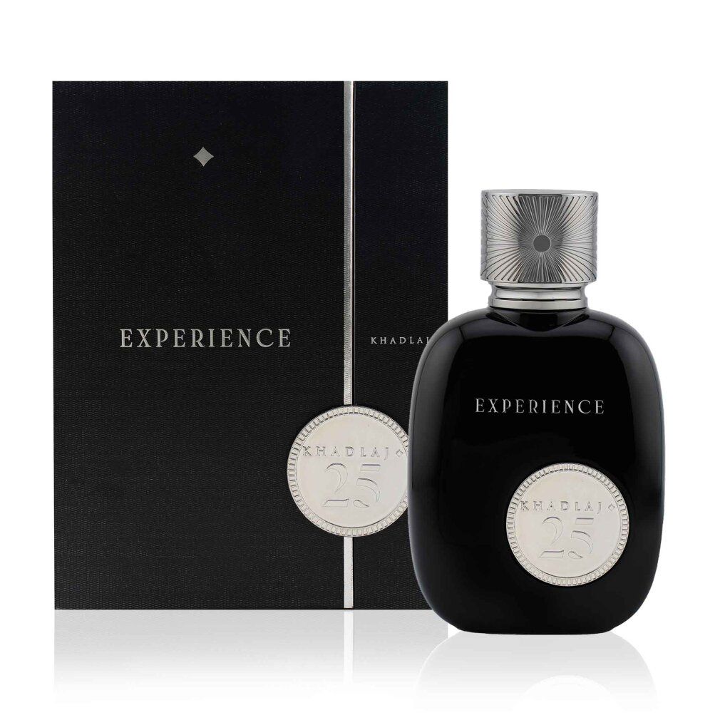 Flacon de parfum noir à côté d'une boîte cadeau noire. Les deux portent "EXPERIENCE" et "25".
