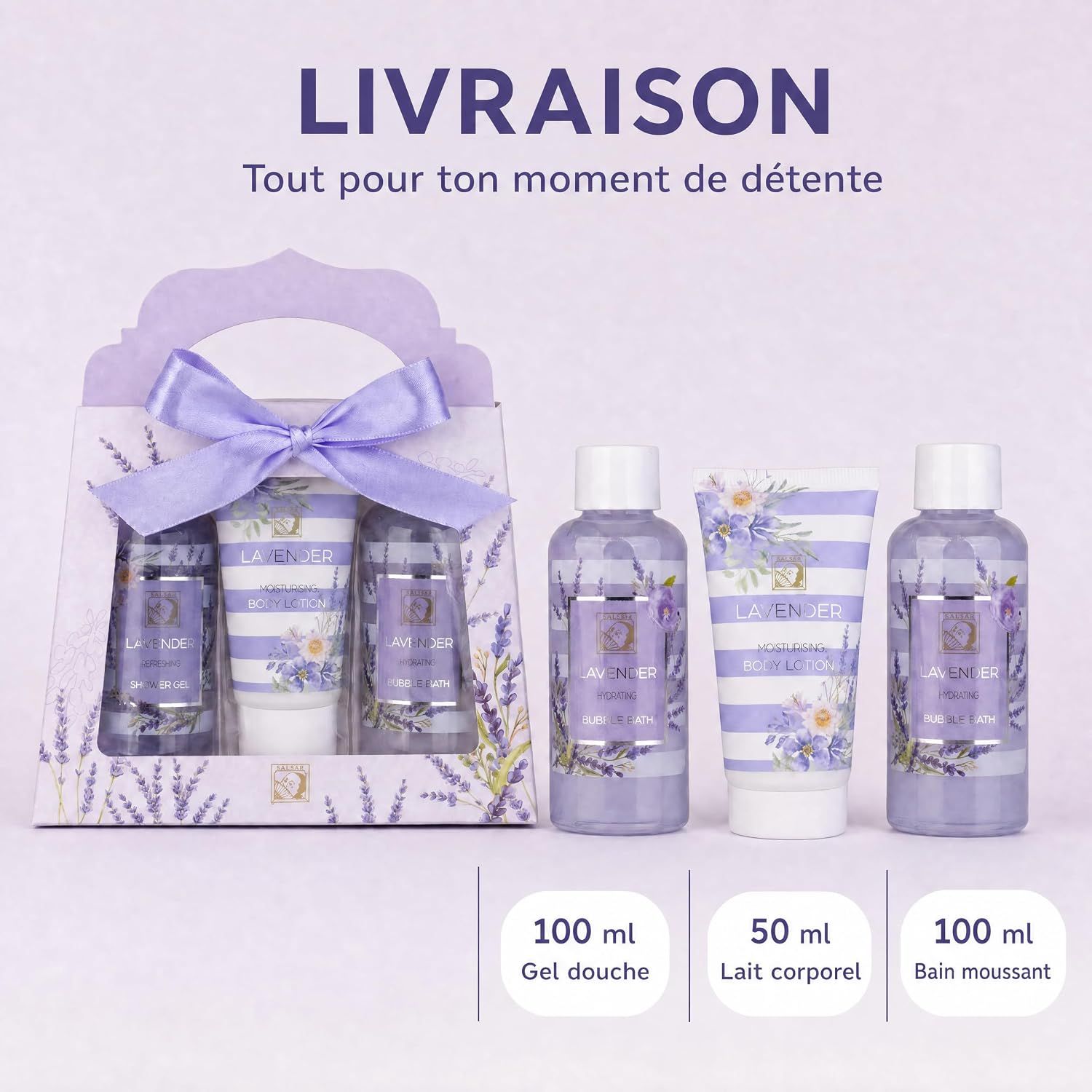 Coffret cadeau lavande avec gel douche, lait corporel et bain moussant.