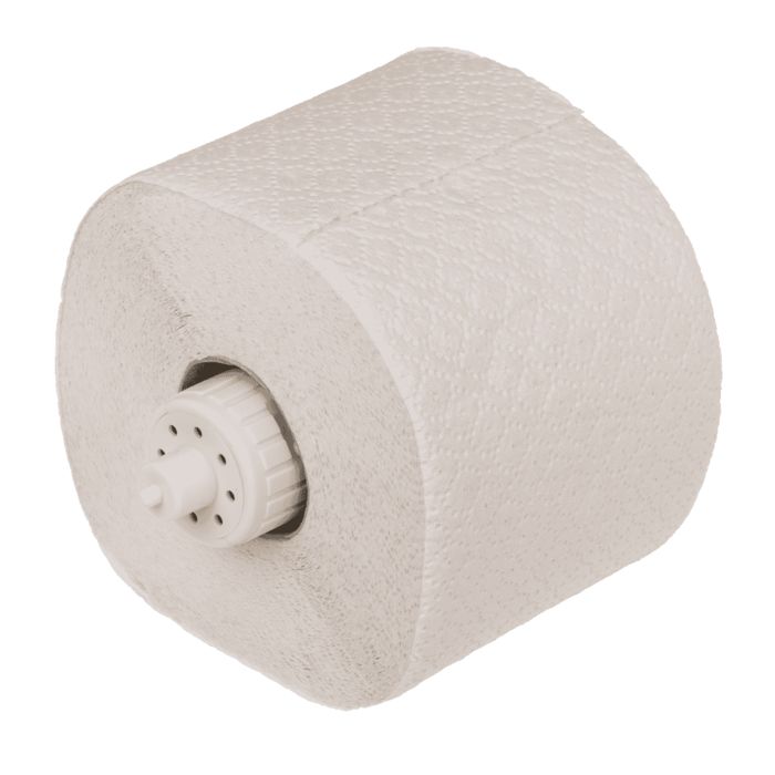 Rouleau de papier toilette avec support blanc. Le support a des trous et est inséré dans le papier.