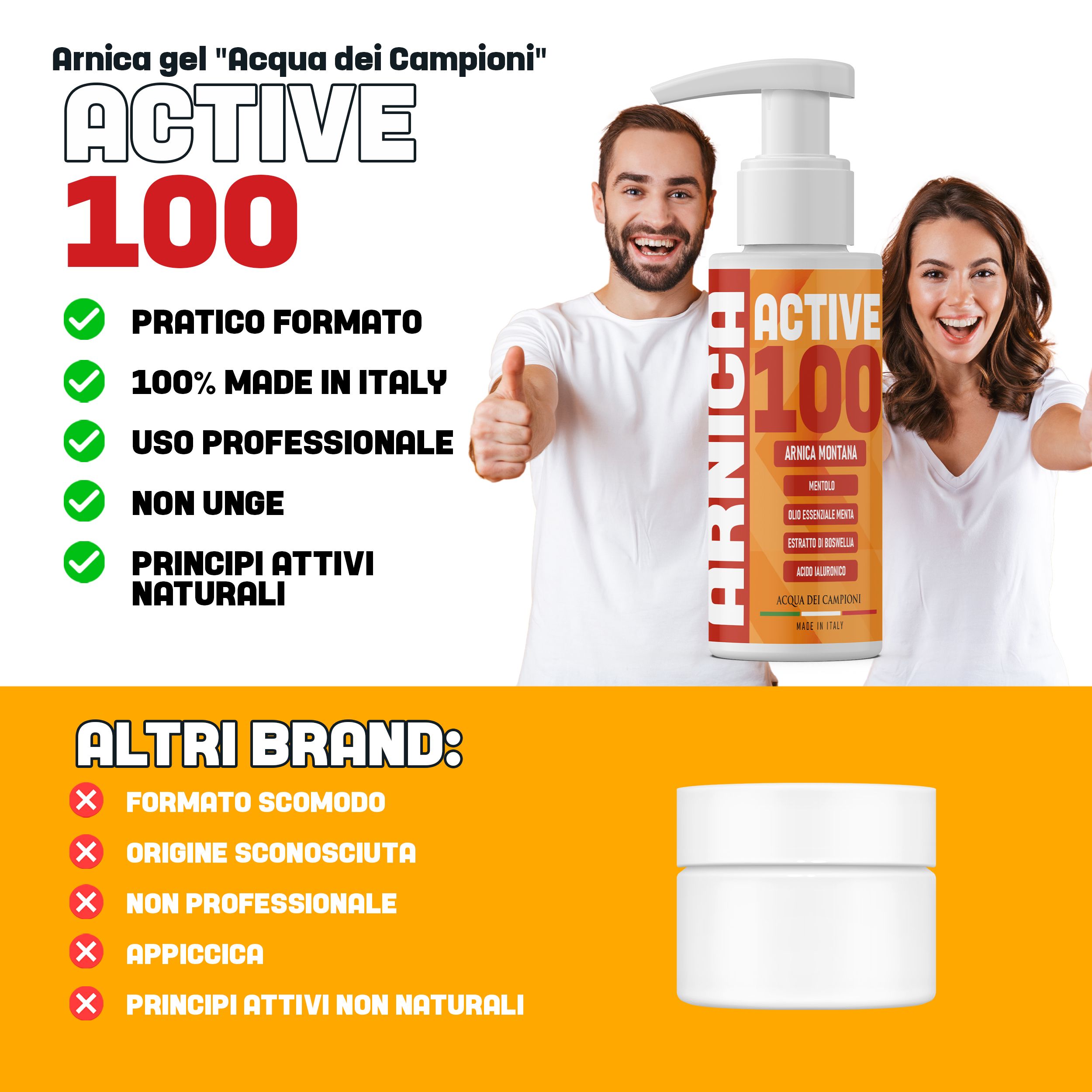 Gelfles met pomp. ACTIVE 100. Tekst: PRATICO FORMATO, 100% MADE IN ITALY, USO PROFESSIONALE, NON UNGE, PRINCIPI ATTIVI NATURALI.