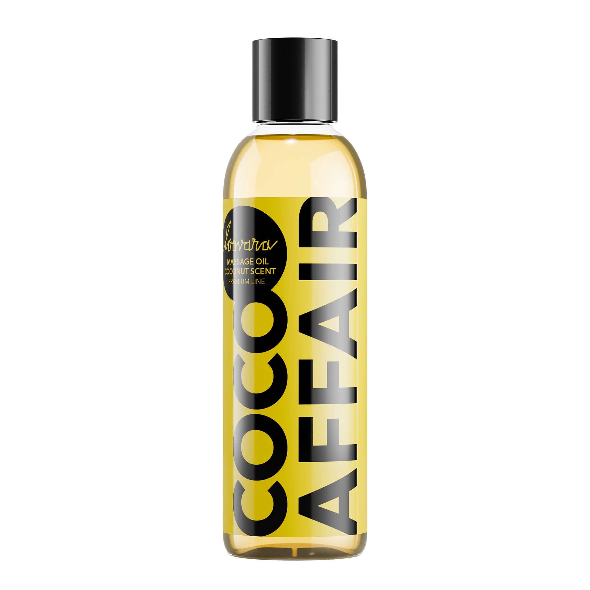 Bouteille d'huile de massage Loovara Coco Affair avec bouchon noir et étiquette jaune.