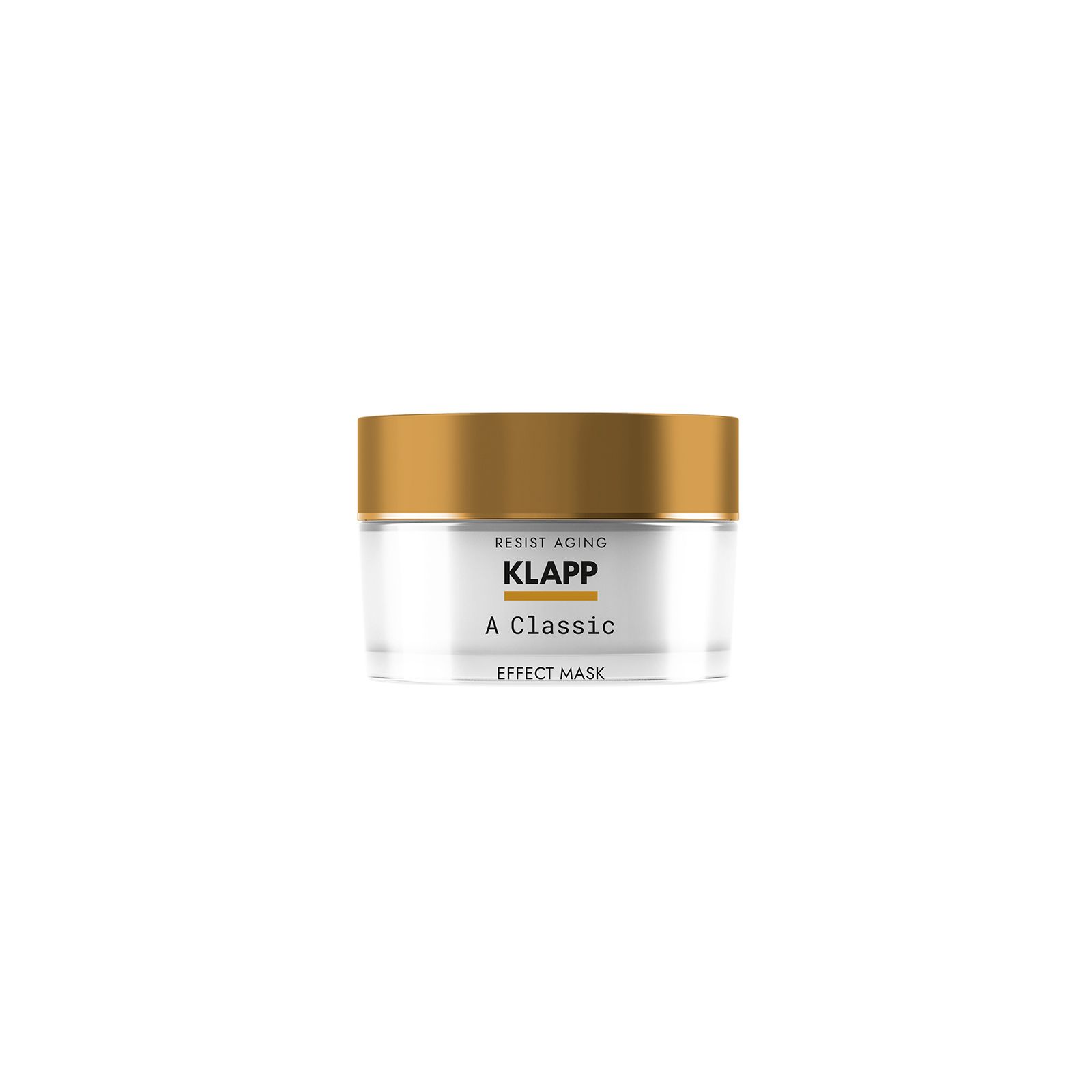 Glazen pot met gouden deksel. Opschrift "KLAPP A Classic Effect Mask".