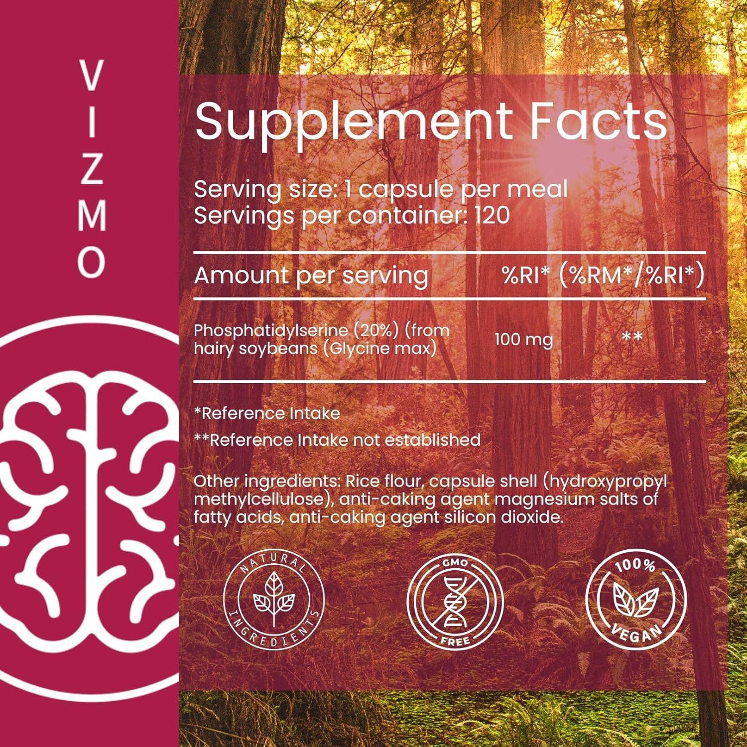 Tableau nutritionnel. Phosphatidylserine (20%) de soja, 100 mg. Végétalien, sans OGM, ingrédients naturels.