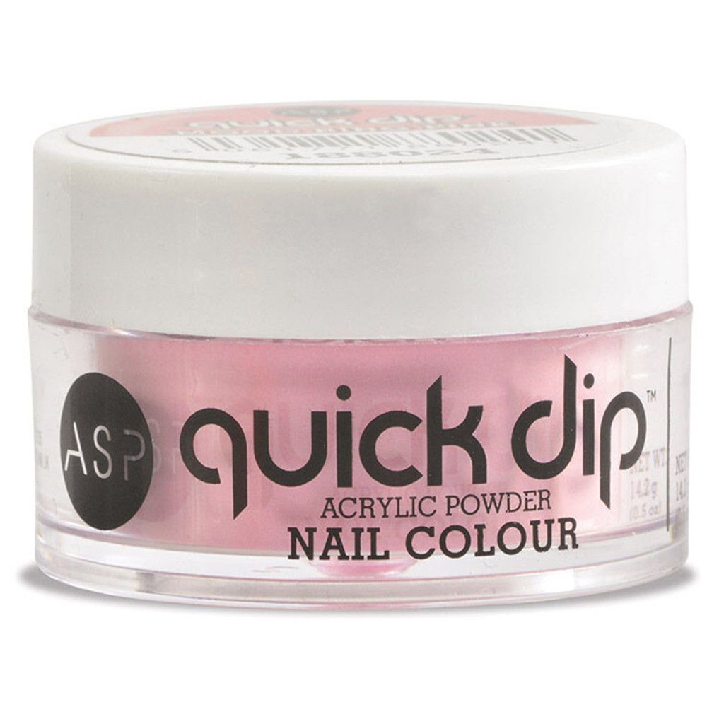 Récipient de poudre rose. Inscription 'quick dip' et 'ACRYLIC POWDER NAIL COLOUR'.
