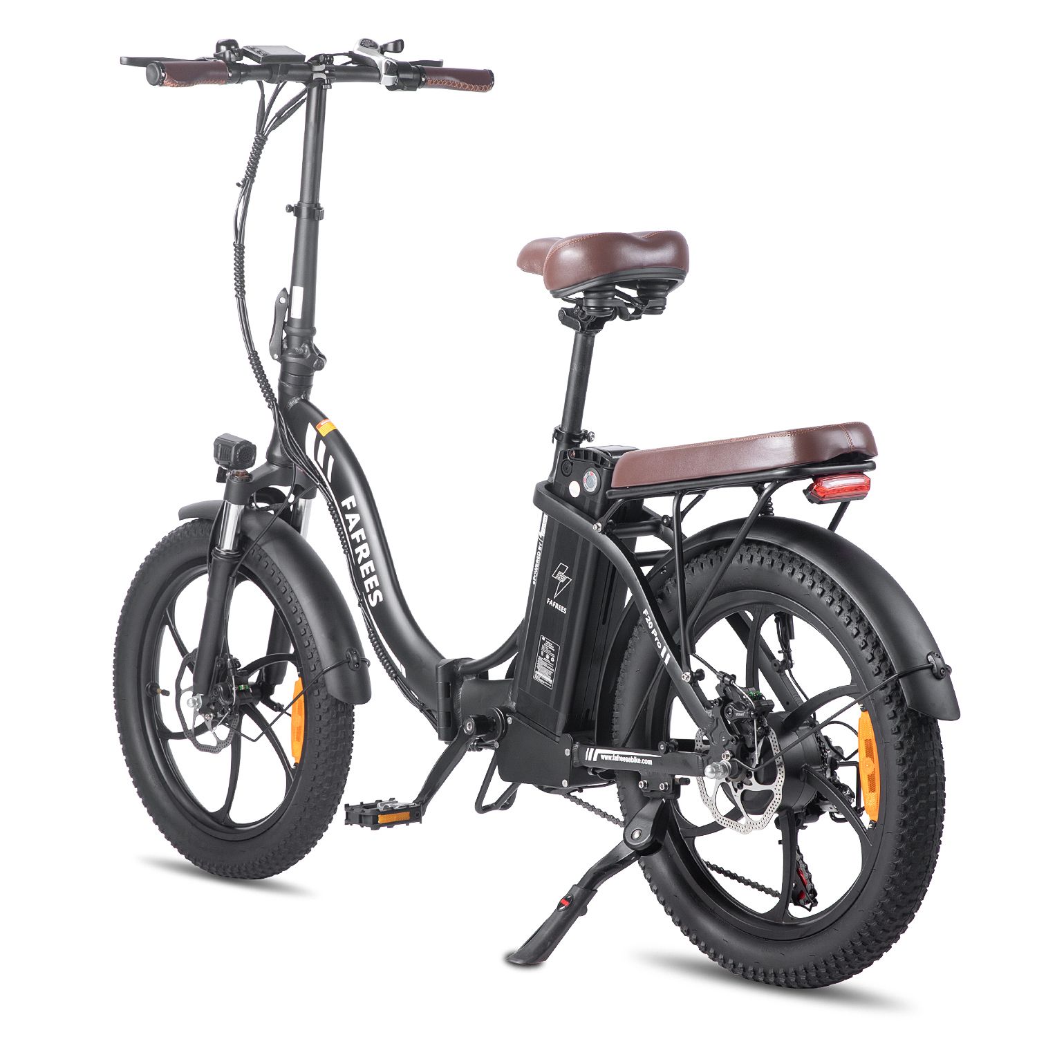 Vélo électrique Fafrees F20 Pro noir avec selle marron. Détails visibles : marque, phares, garde-boue.