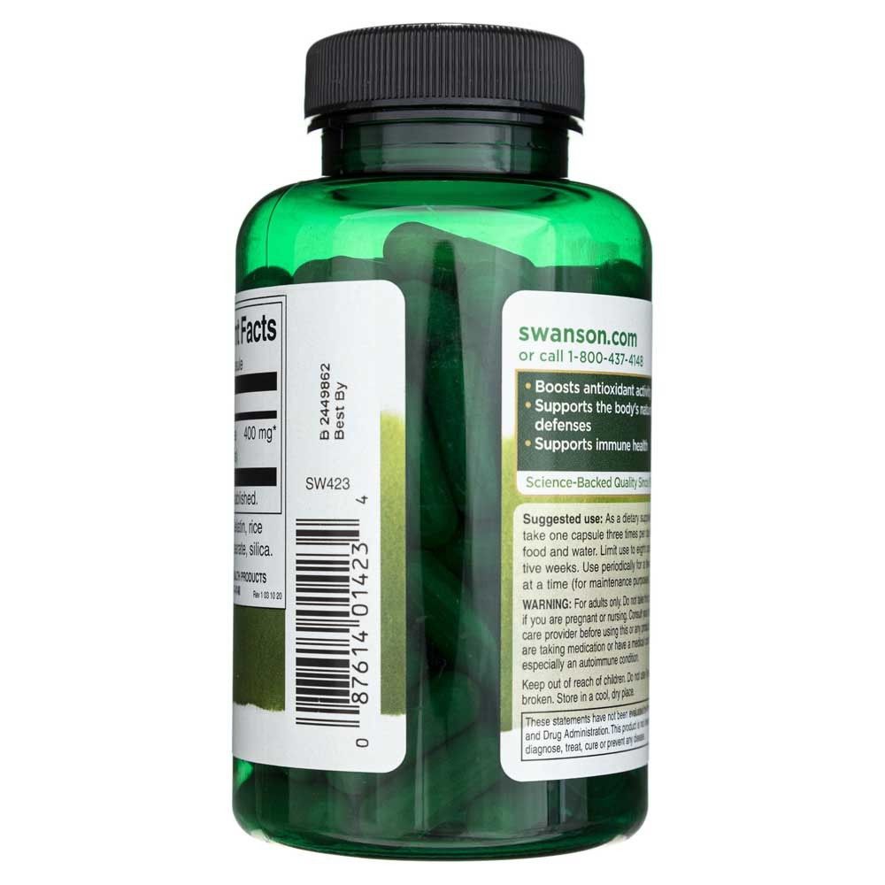 Bouteille verte Swanson Echinacea, vue arrière montrant les gélules visibles.