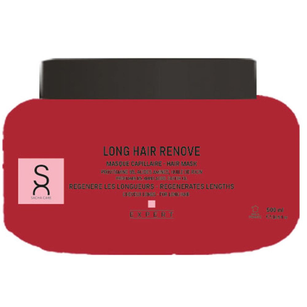 Pot rouge avec couvercle noir. Inscription: Long Hair Remove, masque capillaire. Logo: SC. Texte en français et en anglais.