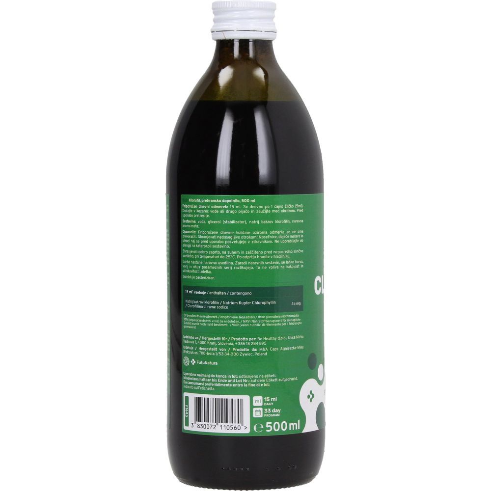 Dos de la bouteille en verre vert. Étiquette avec informations produit, ingrédients et valeurs nutritionnelles.