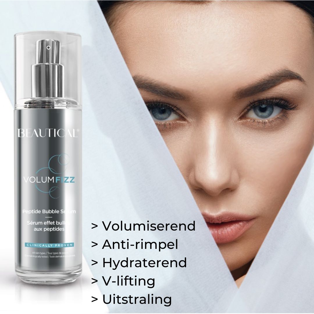 Beautical Volumfizz Peptidbubbleserum en vrouwengezicht. Productnaam en details op etiket. Tekst: Volumiserend, Anti-rimpel.