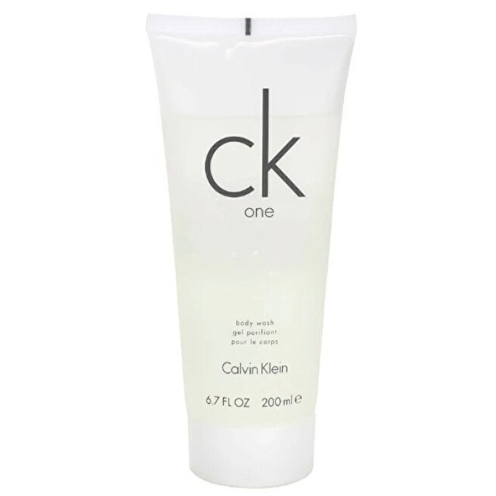 Tube de gel douche CK One. Tube blanc avec logo noir "ck one" et "Calvin Klein". 200 ml.
